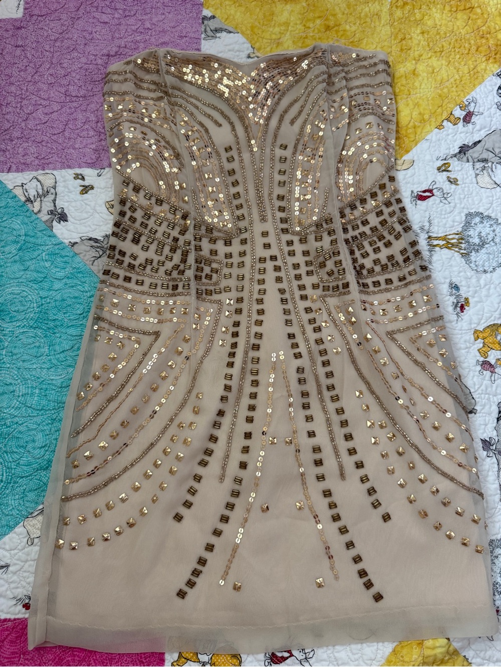 Strapless Nude-Beige Sequin Cocktail Dress